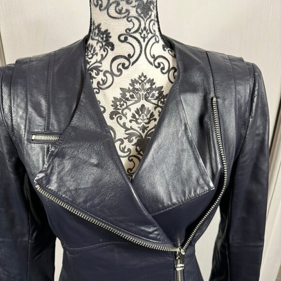 Philippe Adec navy blue 100% leather moto jacket size 4 - Picture 2 of 9